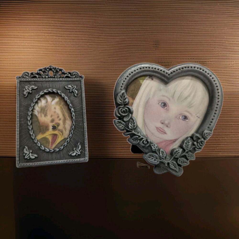 Vintage Pewter Miniature Picture Frames Set of 2 Heart Roses Ornate Filigree